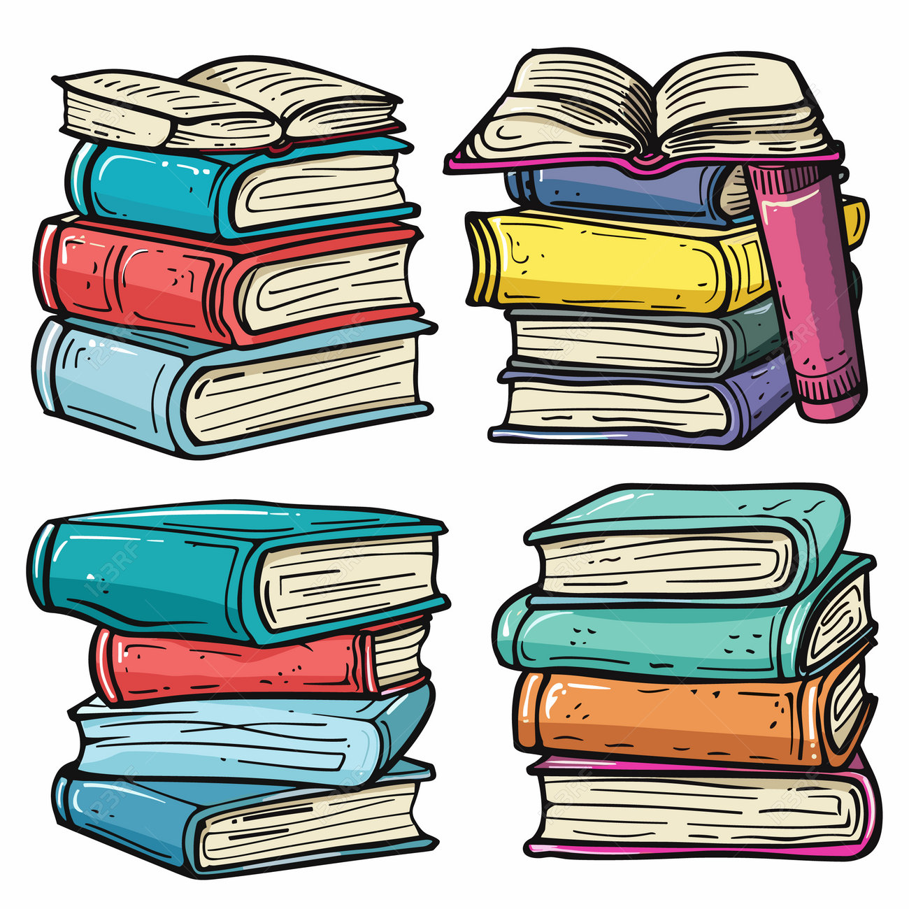 229136587-stacked-books-drawing-colorful-cartoon-style-isolated-white-background-four-piles-hardcover-books